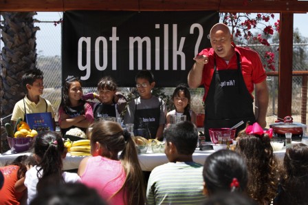Local San Diego kids take cooking lesson in a garden with renowned children’s culinary expert, Chef Gino Campagna, master chef at Piccolo Chef Culinary School. 