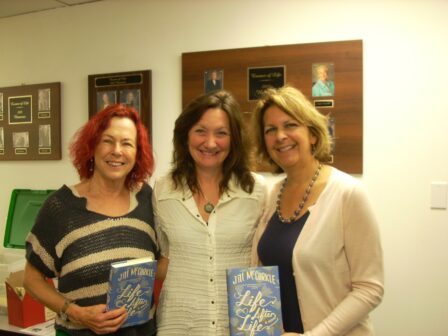 Left to right are Alice Lowe, author Jill McCorkle, and Adventures by the Book owner Susan McBeth.